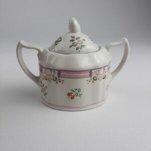 Laura Ashley Alice Covered Sugar Bowl w/ Lid Made in England Floral Pink Vtg EUC